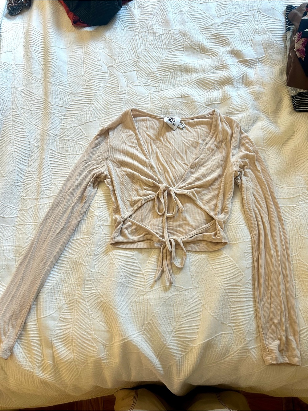Princess Polly Beige Tie-Front Long Sleeve Crop Top